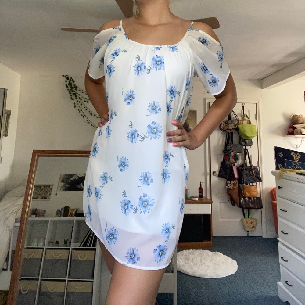 cream and cornflower blue dress